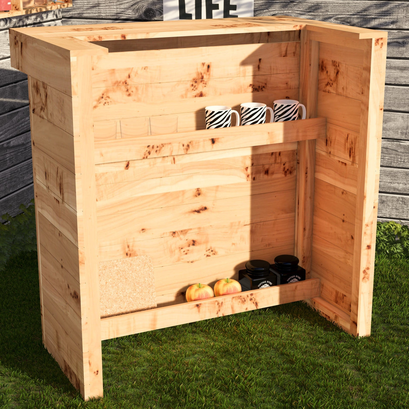Wooden outdoor storage unit with shelves on a grassy area