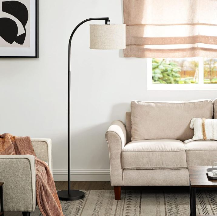 EDISHINE 63'' LED Floor Lamp, Adjustable Linen Shade, Black Arc Pole, E27 Socket