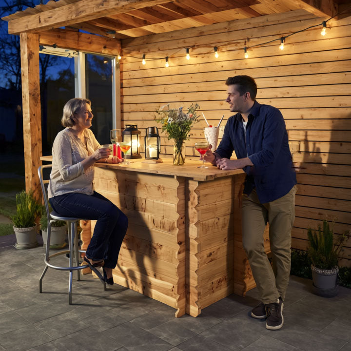 Two people enjoying drinks at a wooden outdoor bar with string lights and plants.