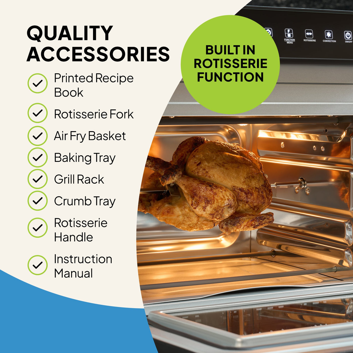 Oven with rotisserie function and list of accessories on a white background