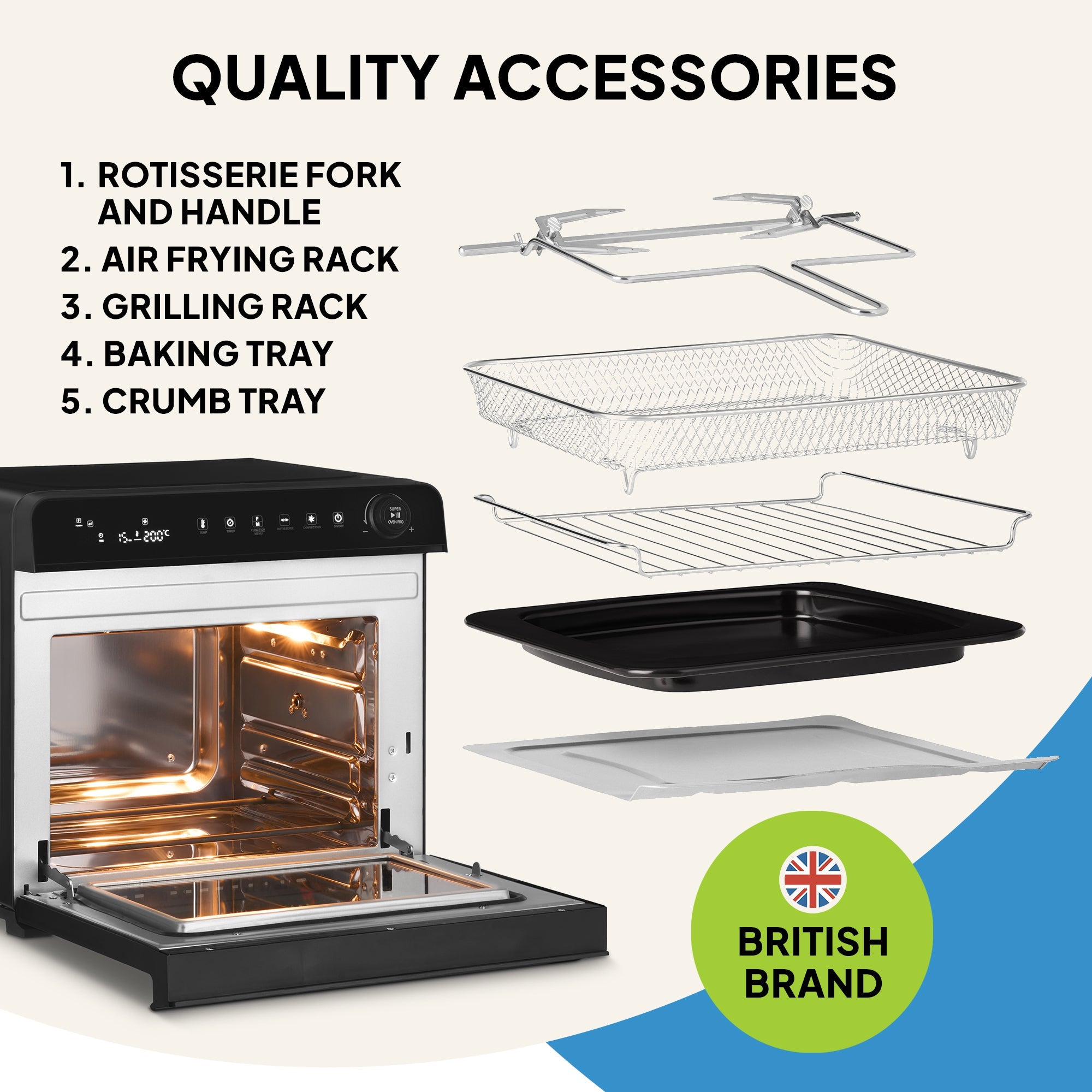 Oven with accessories including rotisserie fork, air frying rack, grilling rack, baking tray, and crumb tray on a white background.
