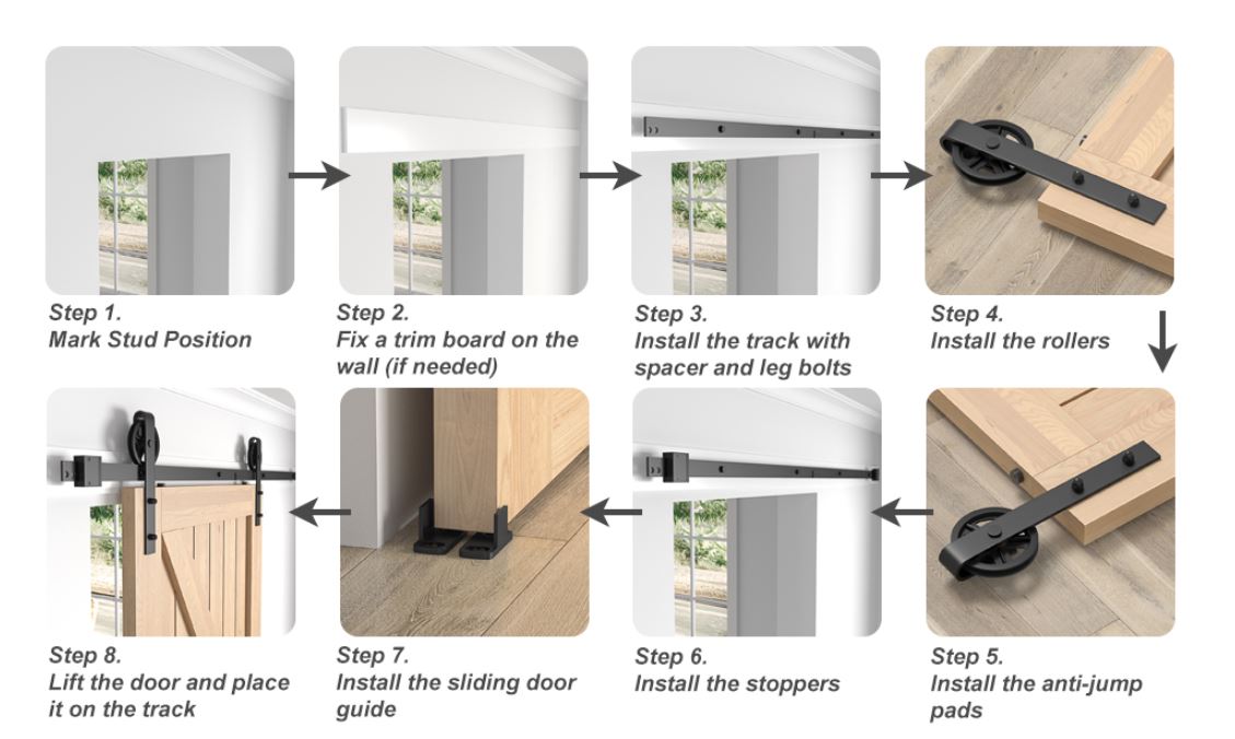 Step-by-step guide to installing a sliding door system with various components shown.