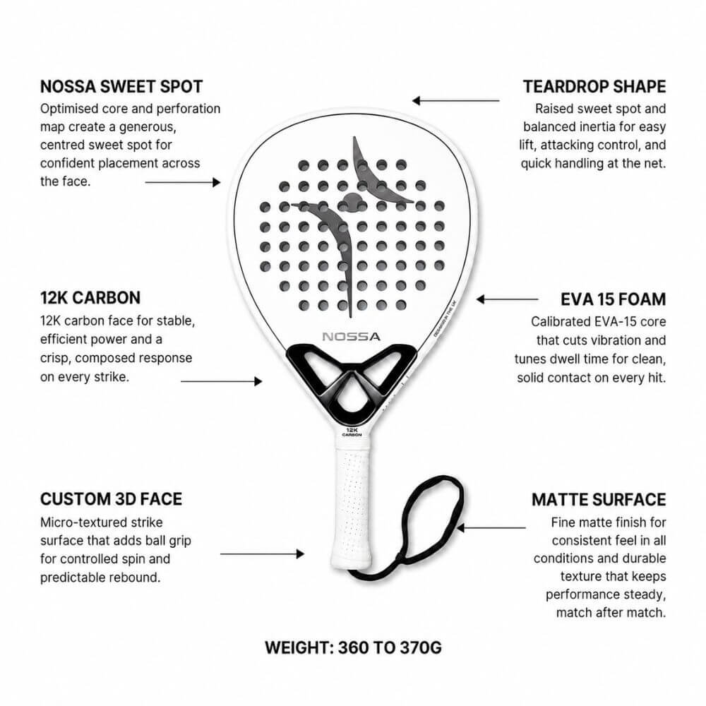 Padel Racket Carbon 12K EVA Foam Control Power Grip Lightweight Nossa Core