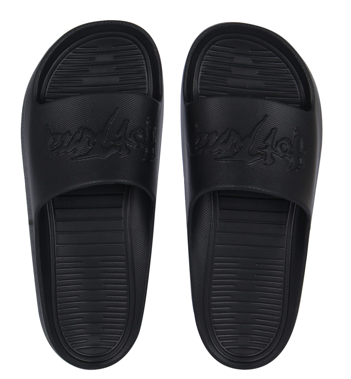 Pair of black slides with a brand logo on a white background