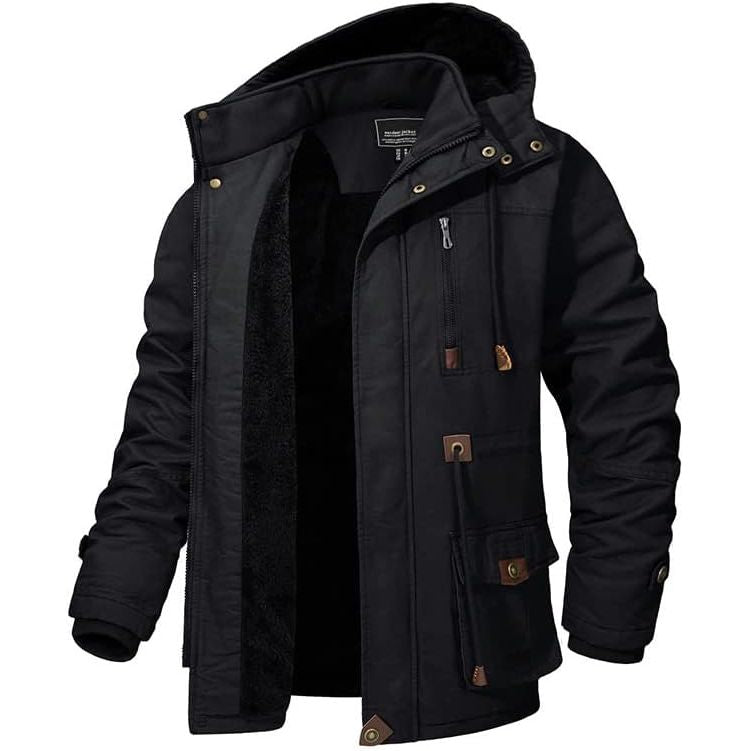 Mens Military Cargo Jacket Thick Fleece Warm Parka Coat, Black, Size L