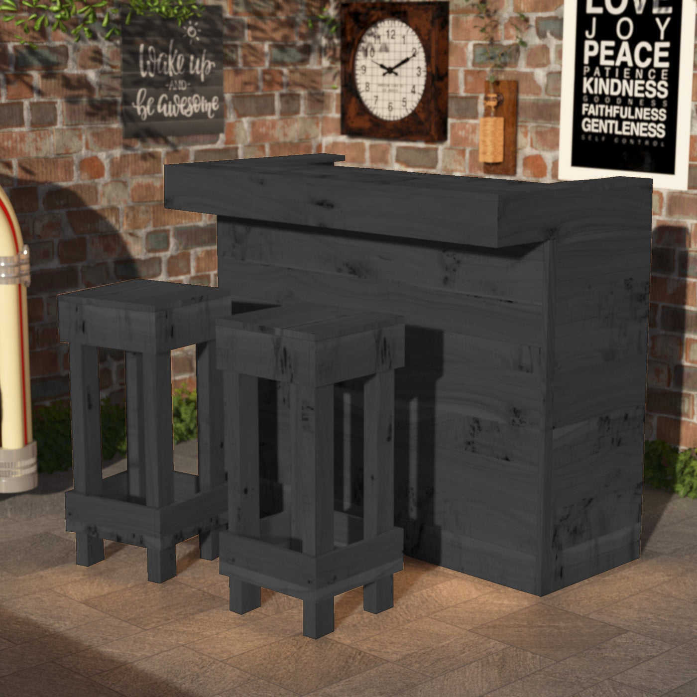 Black outdoor bar set with stools against a brick wall.
