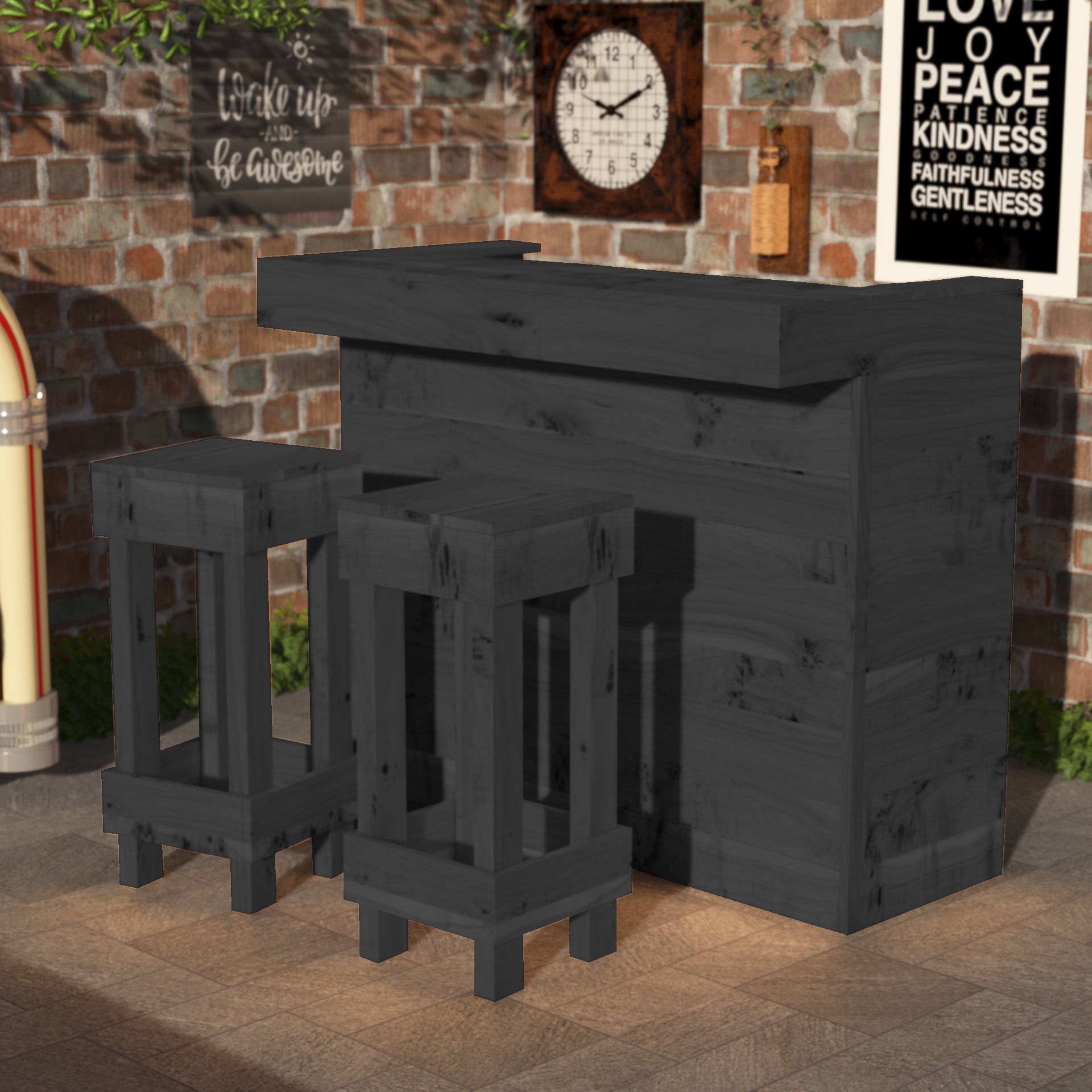 Black outdoor bar set with stools against a brick wall.