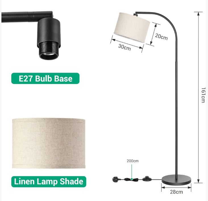 EDISHINE 63'' LED Floor Lamp, Adjustable Linen Shade, Black Arc Pole, E27 Socket