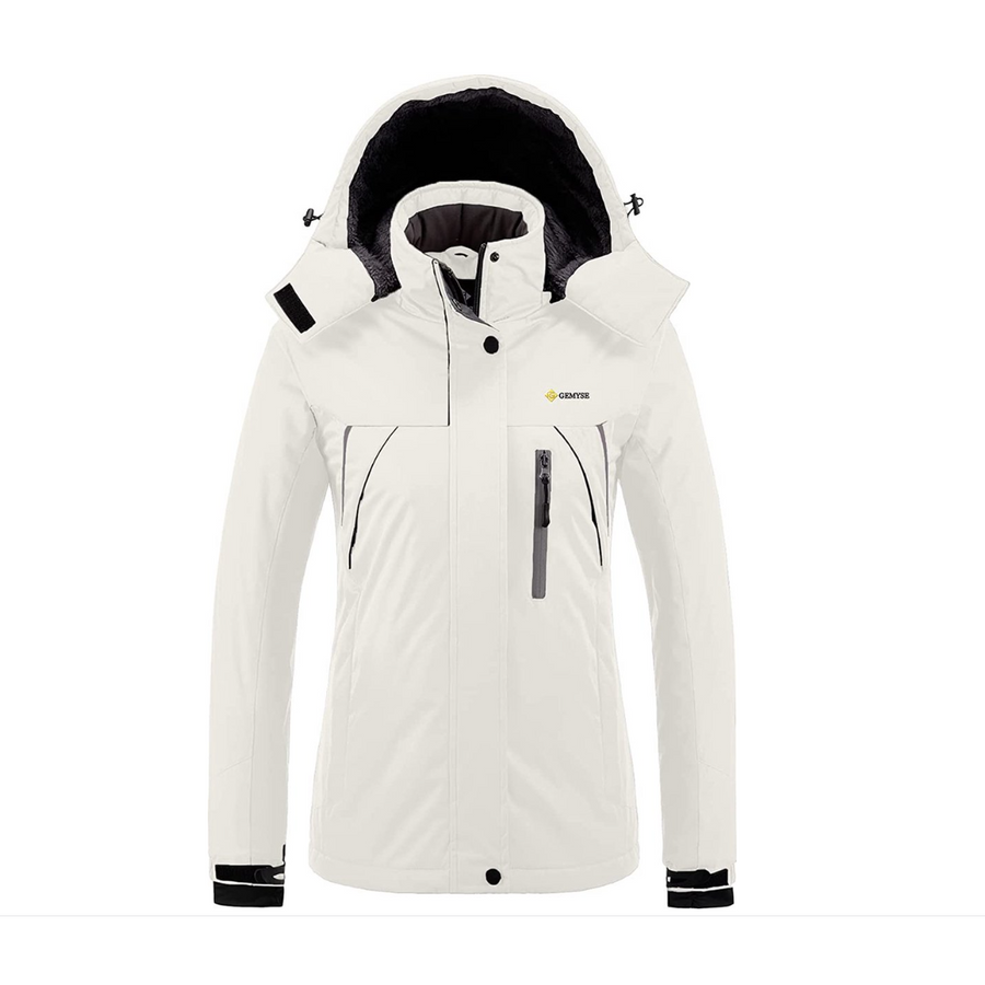 White winter jacket with black accents on a white background