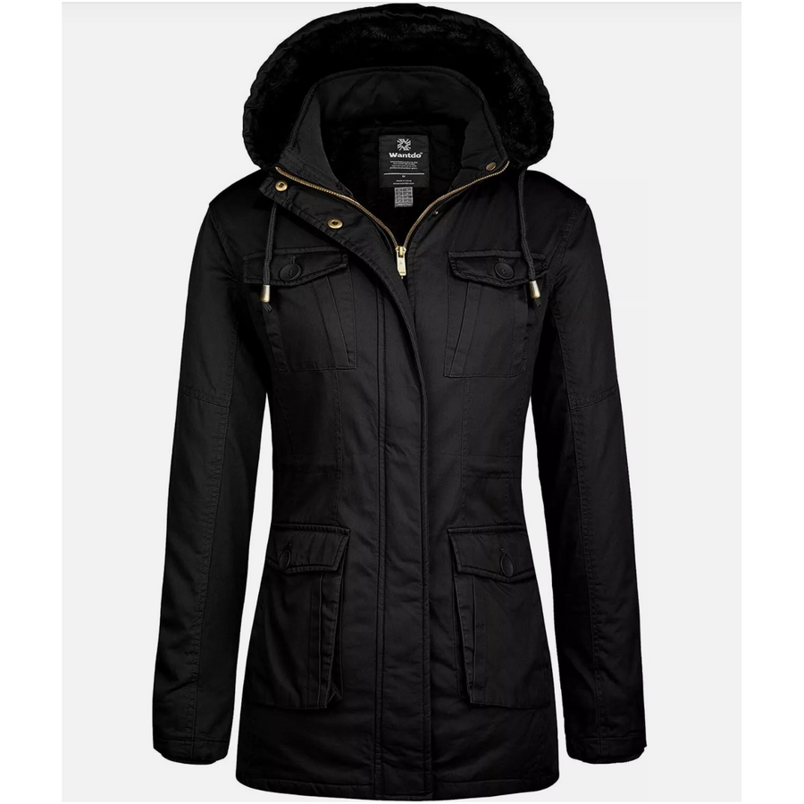 Black parka jacket with a hood on a white background