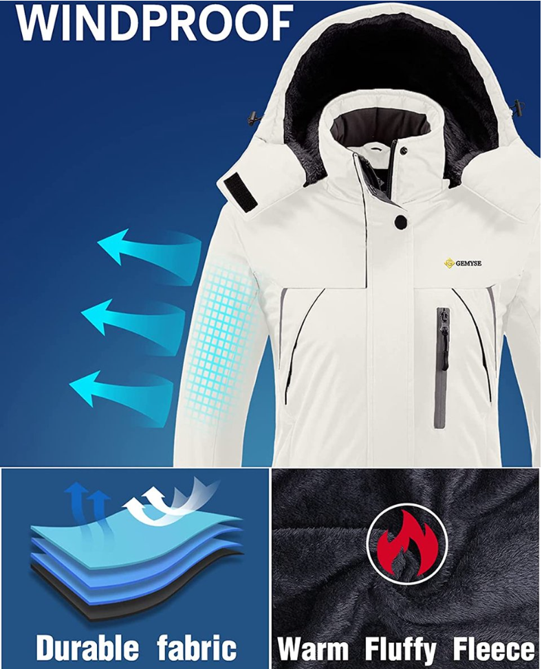 White windproof jacket with text and graphics on a blue background