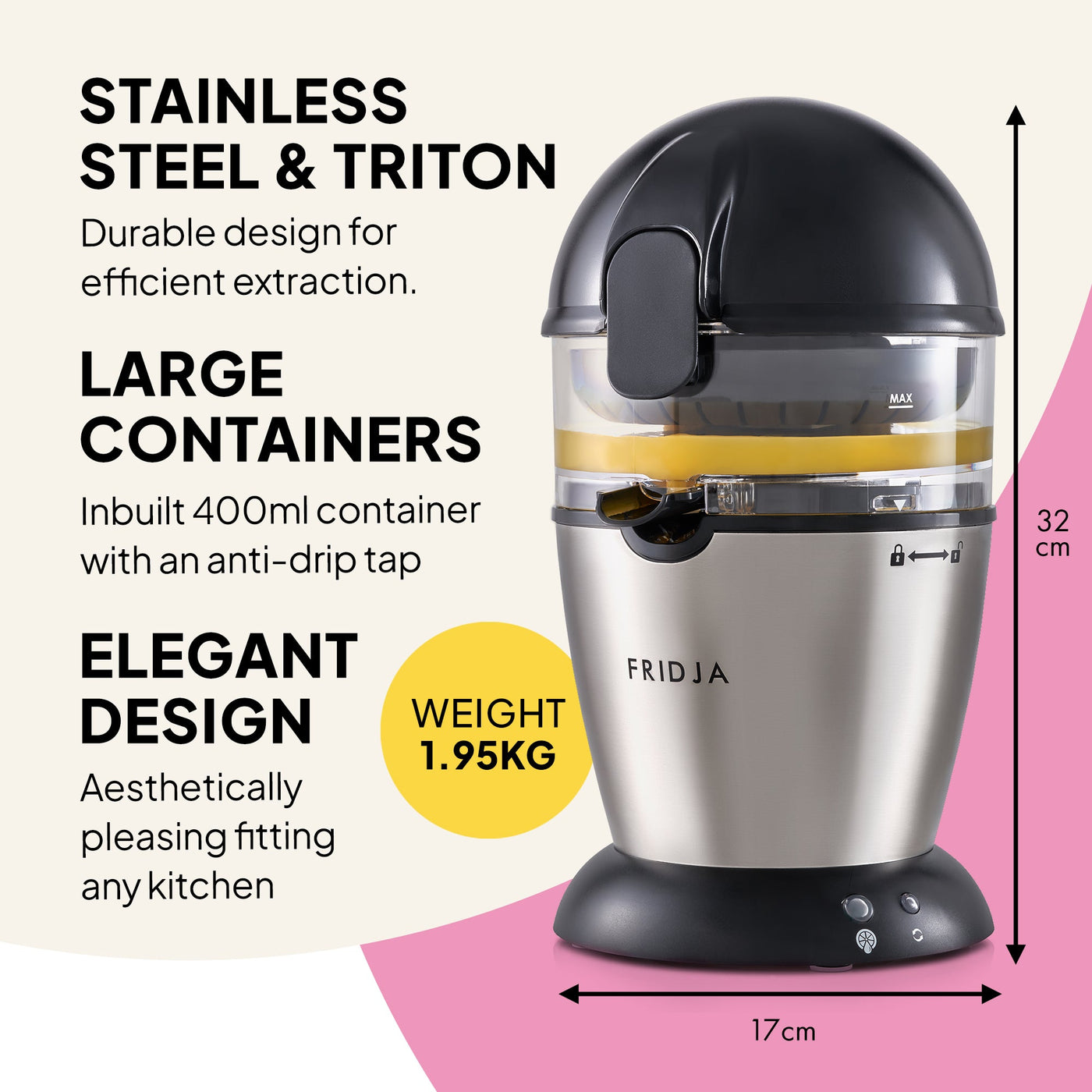 Stainless steel and Triton juicer with text highlighting features on a white background