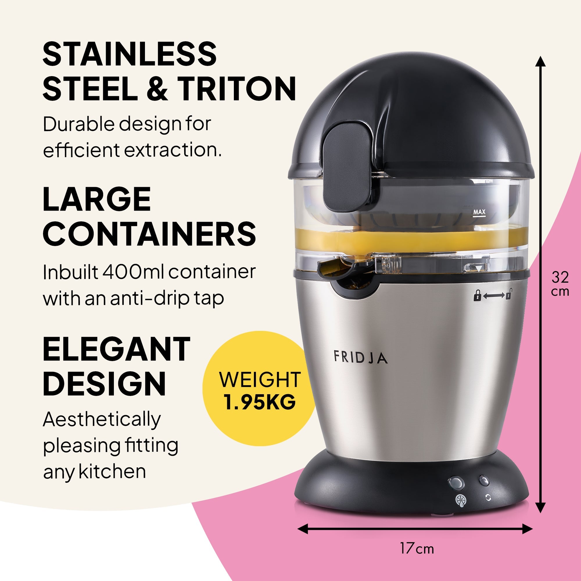 Stainless steel and Triton juicer with text highlighting features on a white background