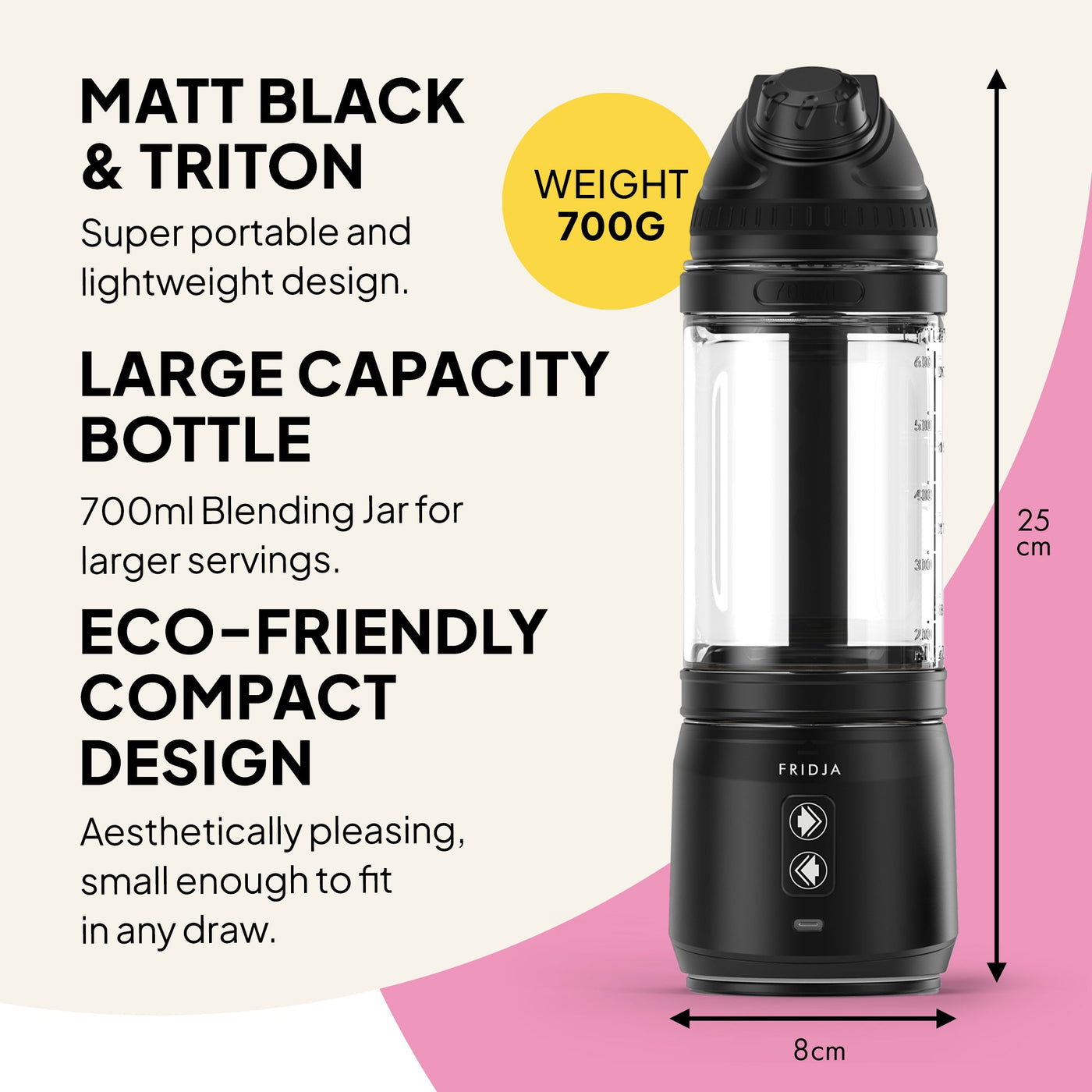 Black blender with text highlighting features on a white background