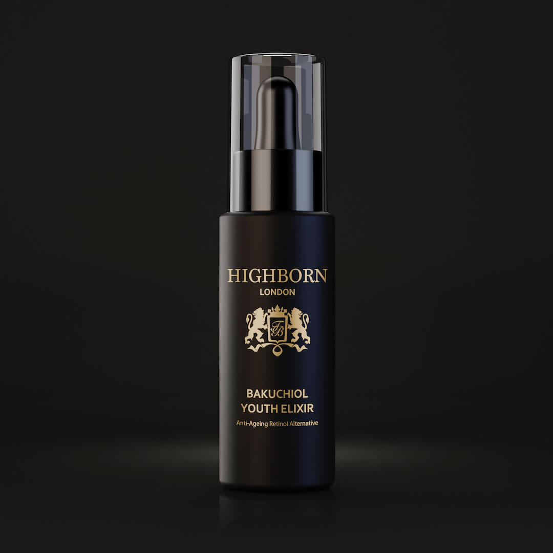 Black bottle of Highborn Bakuchiol Youth Elixir on a black background
