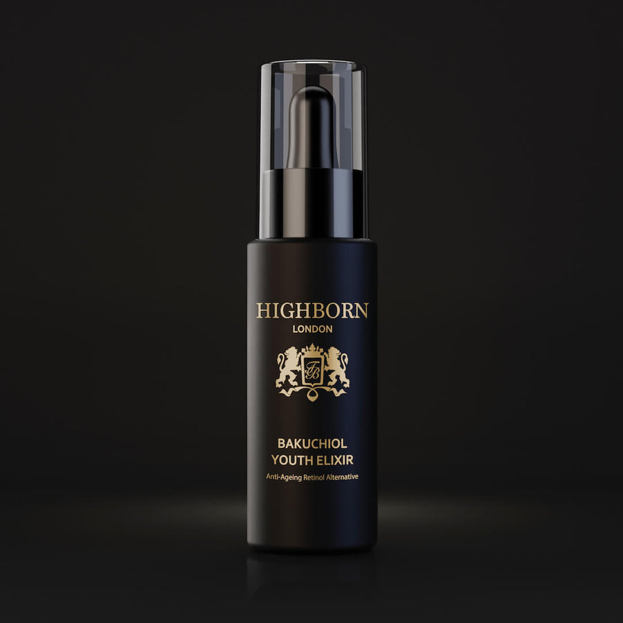 Black bottle of Highborn Bakuchiol Youth Elixir on a black background