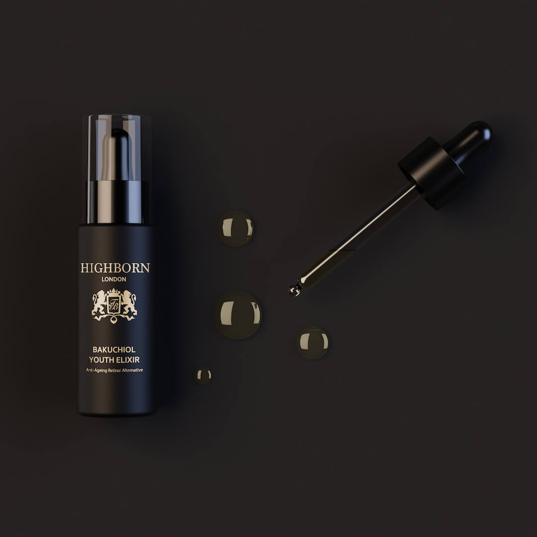Highborn London skincare product with dropper on a dark background