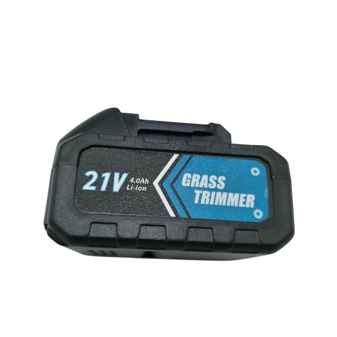 Battery pack for a grass trimmer with 21V and 4.0Ah specifications on a white background