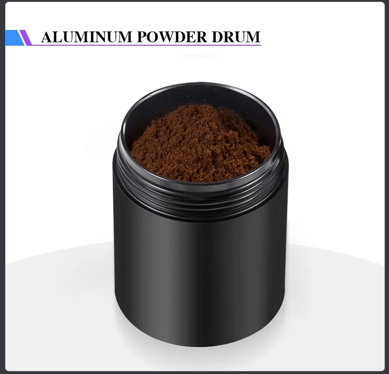 Black aluminum powder drum with brown powder on a white background
