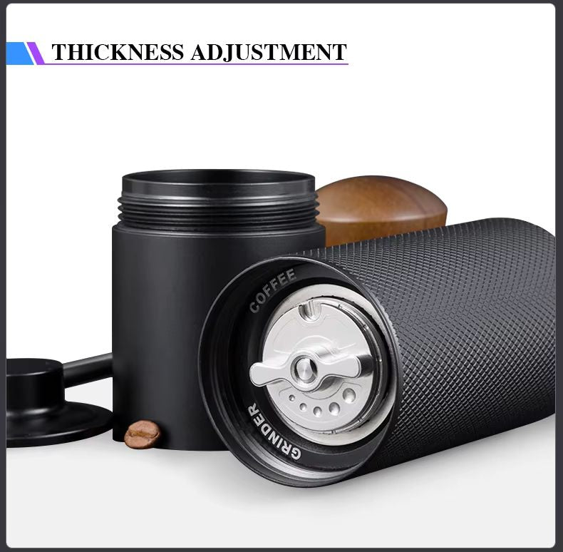 Black coffee grinder with a focus on thickness adjustment on a white background