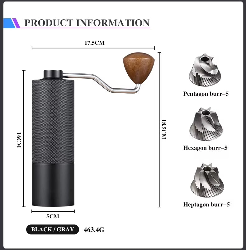 Black manual coffee grinder with measurement details and burr types on a white background