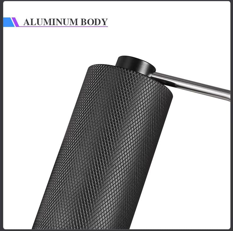 Black textured cylindrical object with a metallic body on a white background