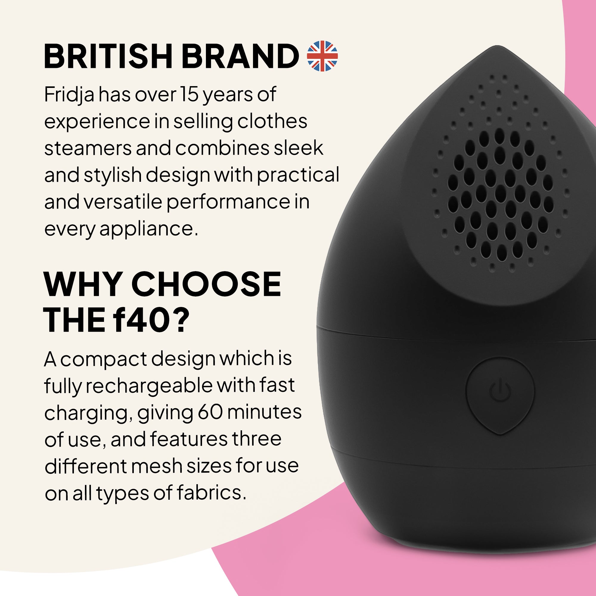 Black clothes steamer with text about British brand Fridja and features of the f40 model.