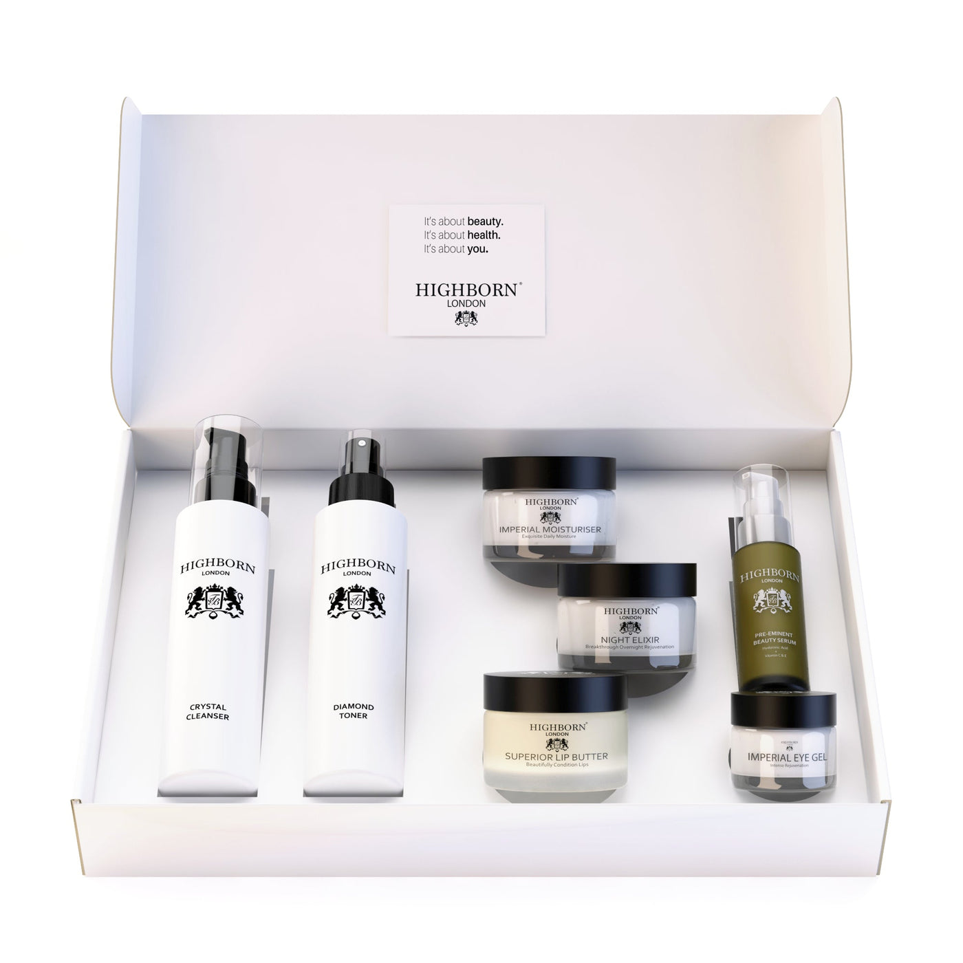 Set of Highborn skincare products in a box on a white background