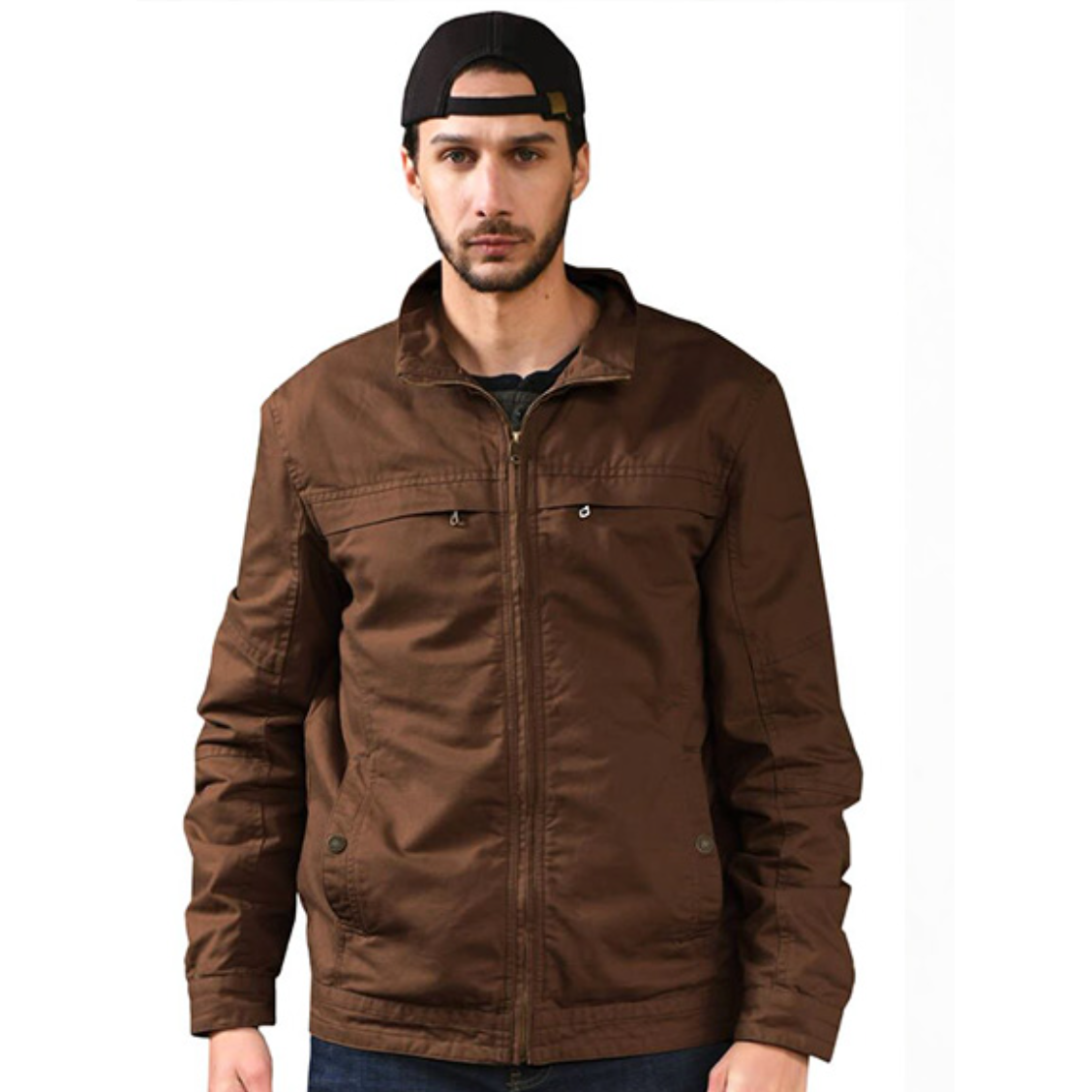 Man wearing a brown jacket on a white background