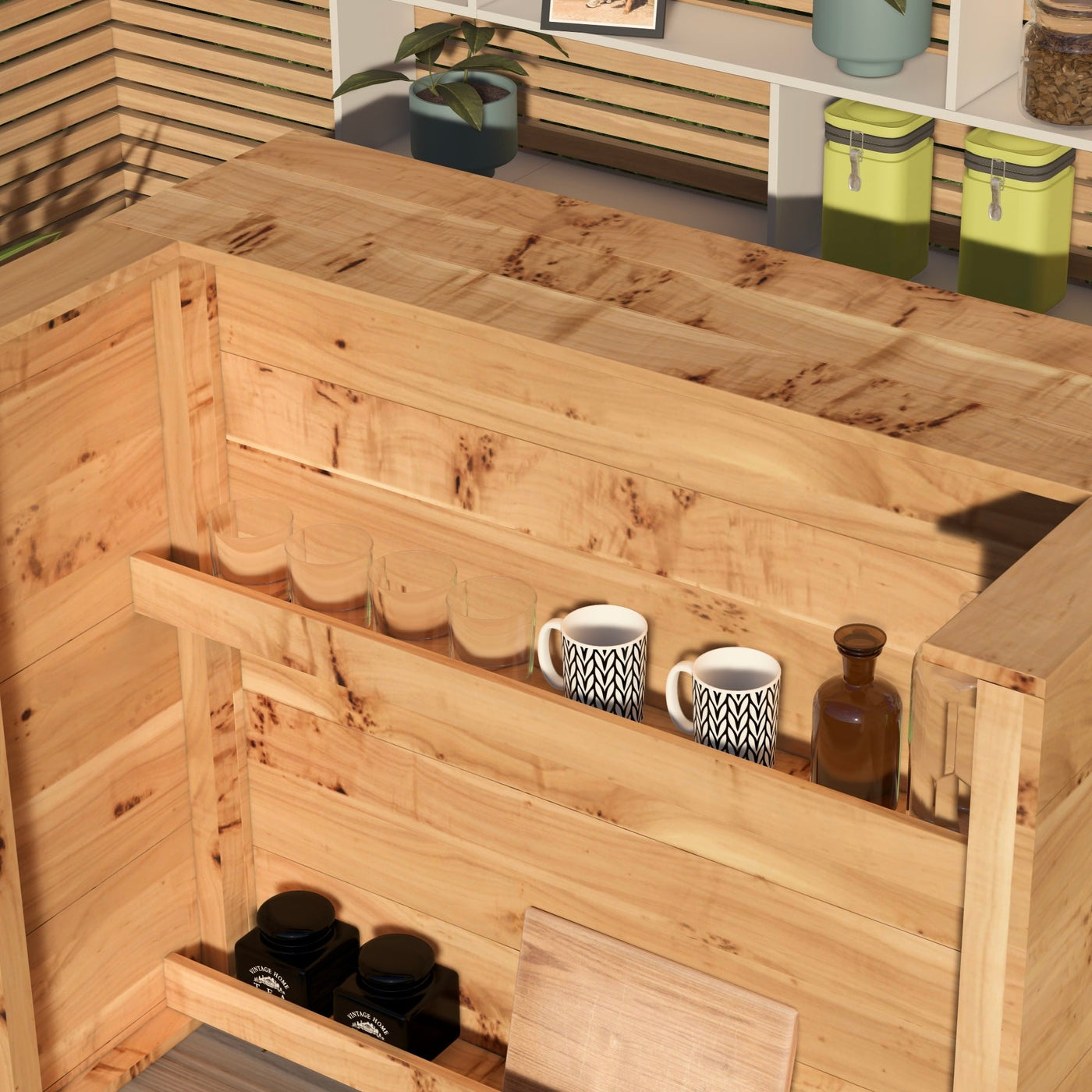 Wooden shelf with mugs and bottles in a room setting