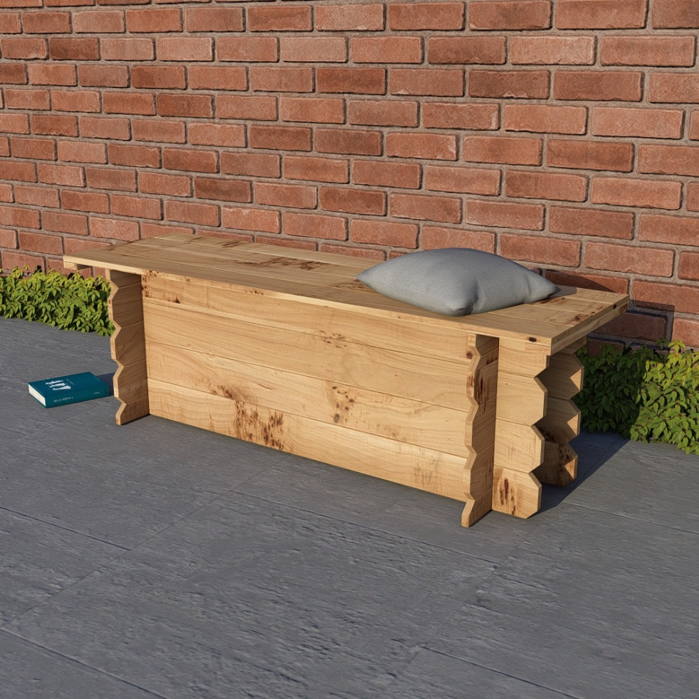 Wooden bench with a pillow against a brick wall on a stone patio