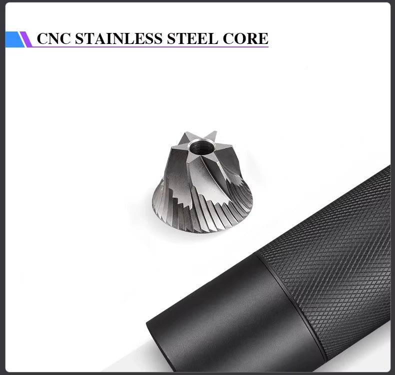 CNC stainless steel core with textured black shaft on a white background