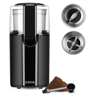 Black coffee grinder with detachable parts on a white background