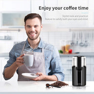 Smiling man enjoying fresh coffee made with COFFA Electric Grinder in a modern kitchen