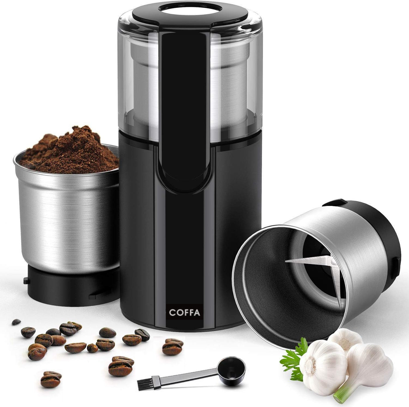 COFFA Electric Coffee & Spice Grinder, 70g, 2 Stainless Steel Bowls, Wet & Dry