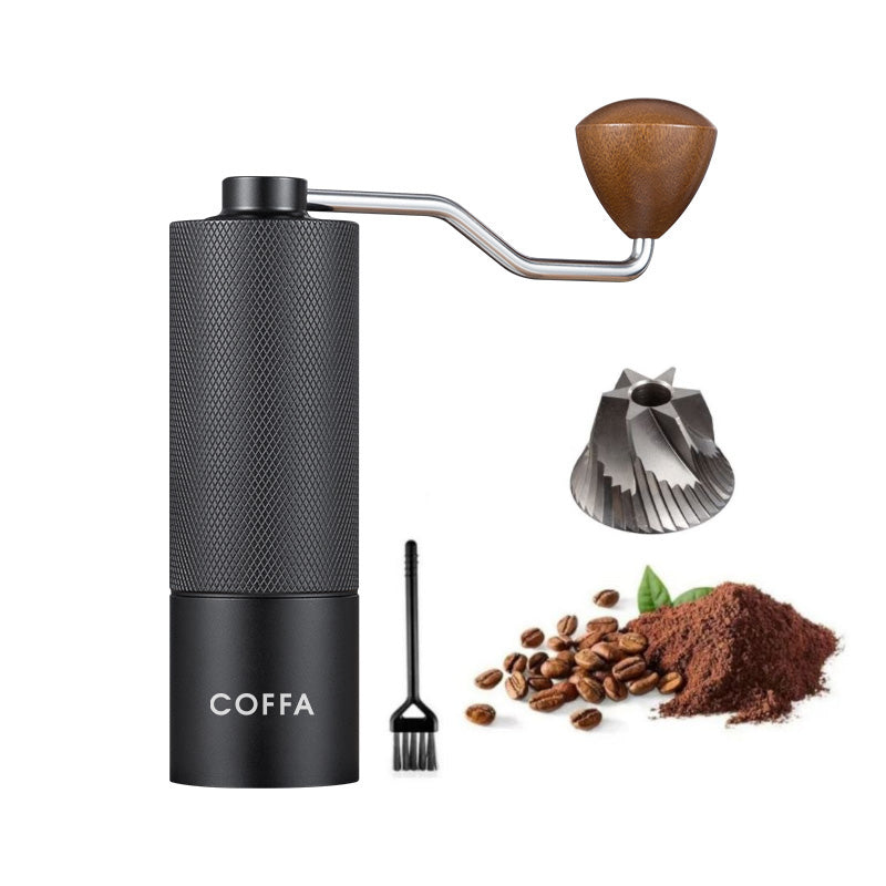 Black coffee grinder with accessories on a white background