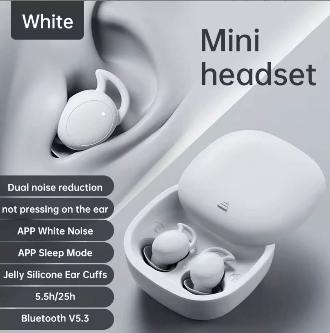 White wireless headset with charging case on a gray background