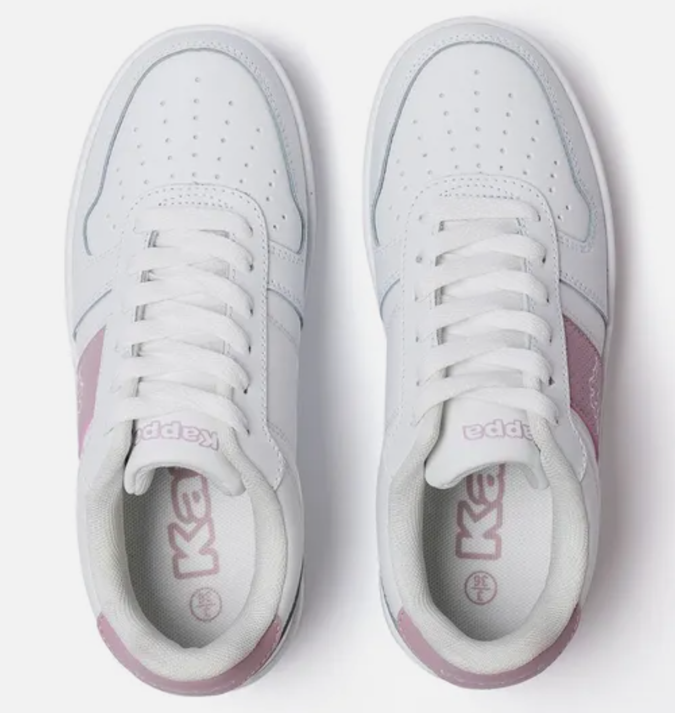 White sneakers with pink accents on a white background