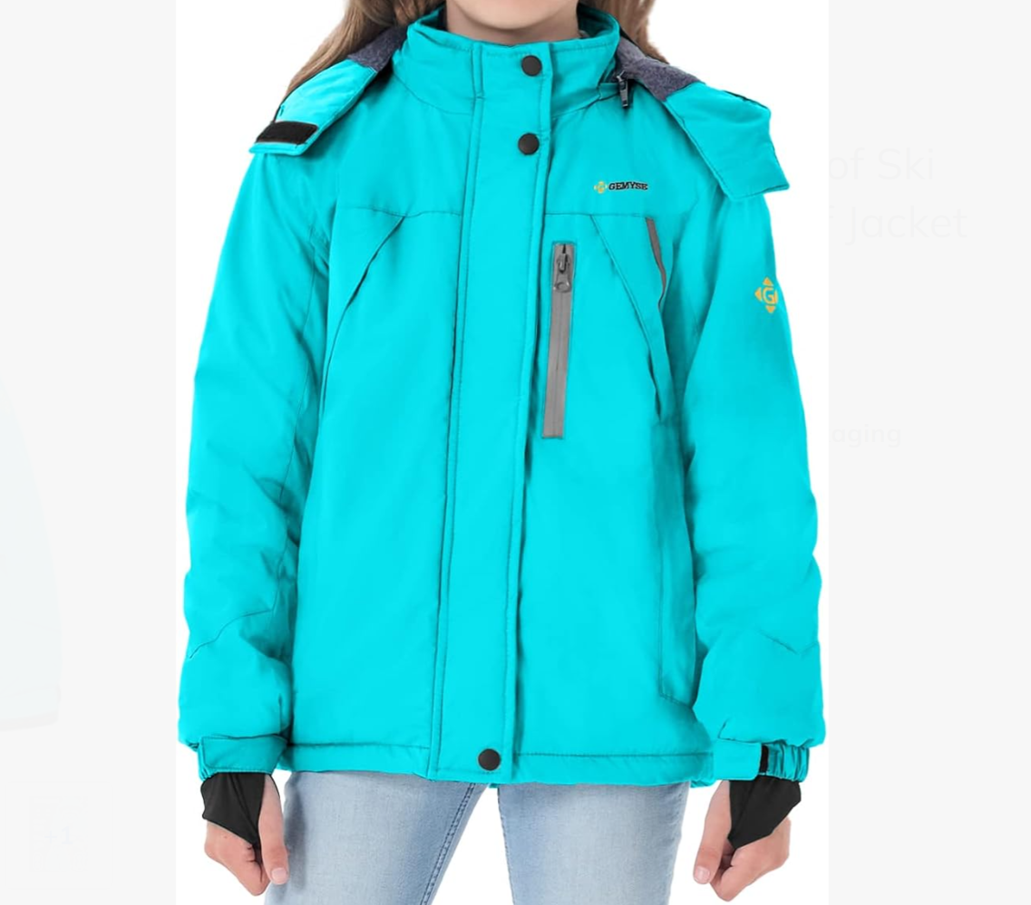 Turquoise winter jacket with brand logo on a white background