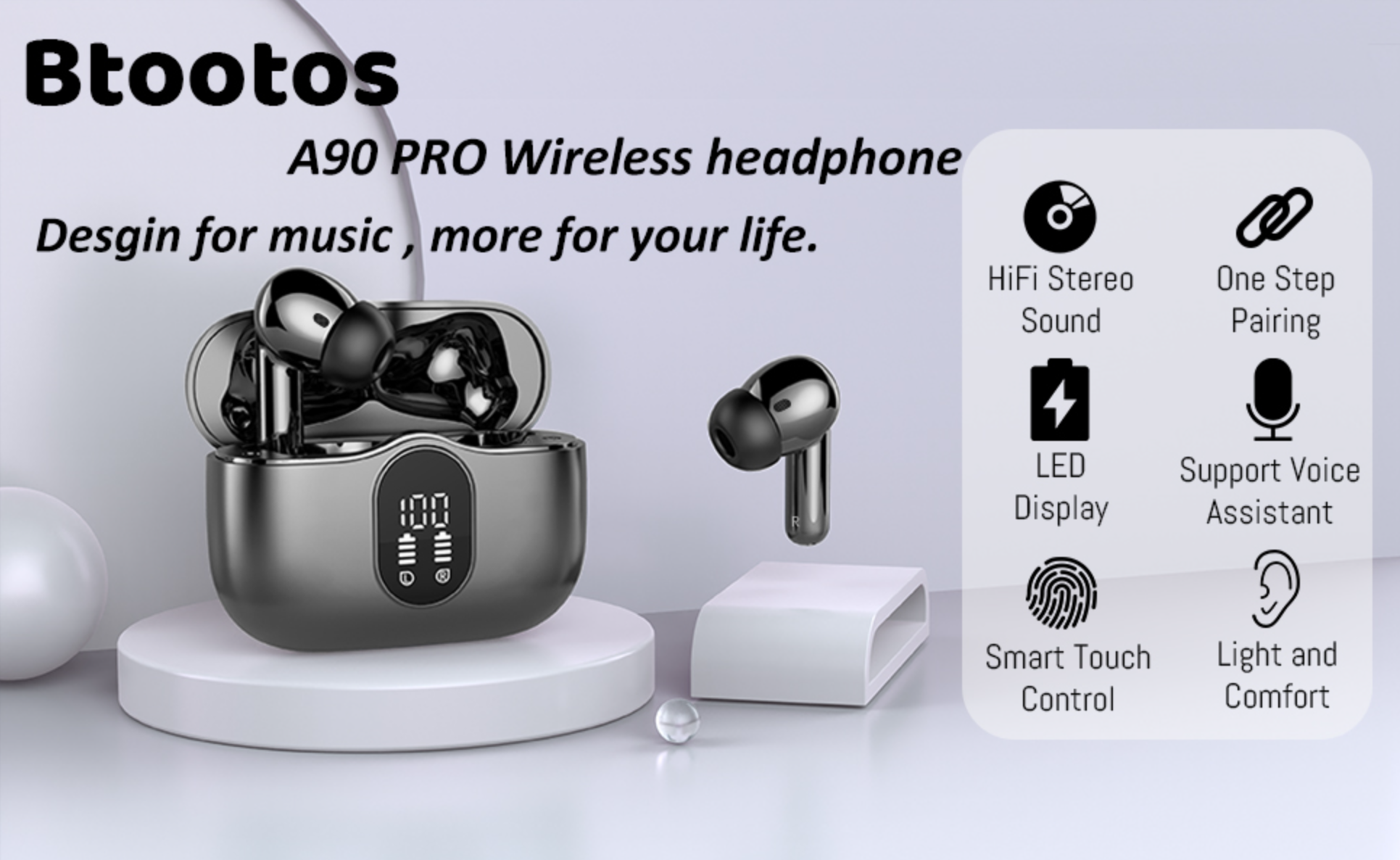Wireless Earbuds Bluetooth 5.3 Deep Bass 36H Playtime Noise Cancel Btootos