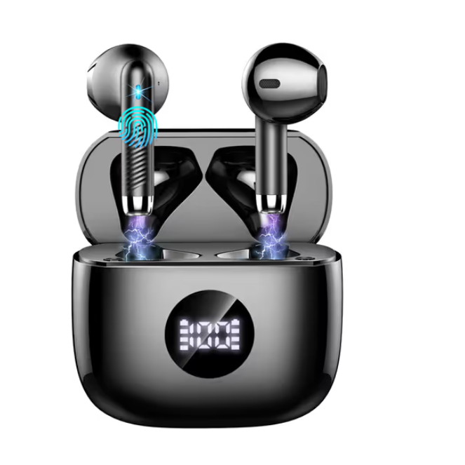 Wireless earbuds with charging case on a white background