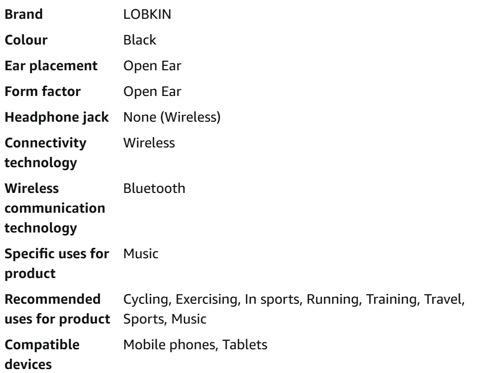 Product specifications for a wireless earbud system with LOBKIN branding.