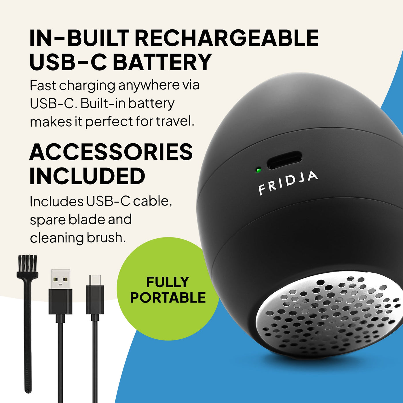 Black portable device with USB-C cable and cleaning brush, featuring Fridja branding.