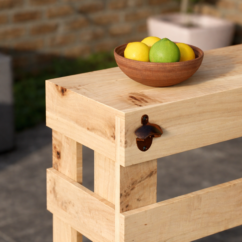 Wooden table with a bowl of lemons and limes on an outdoor setting