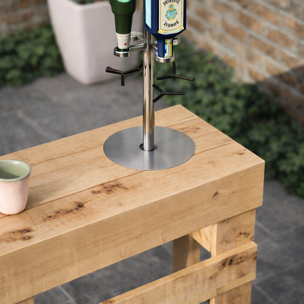 Two beer taps on a wooden stand with a blurred outdoor background