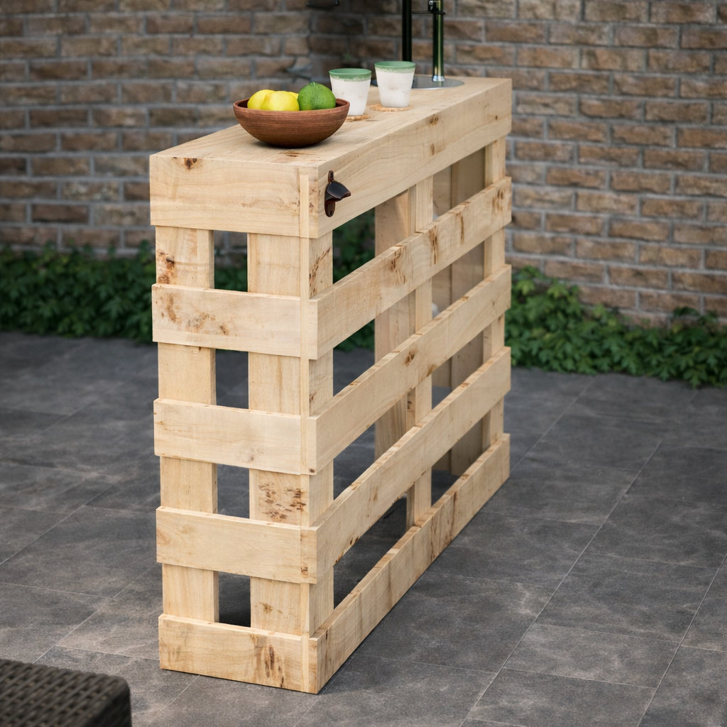 Wooden pallet bar with fruits and glasses on a stone patio