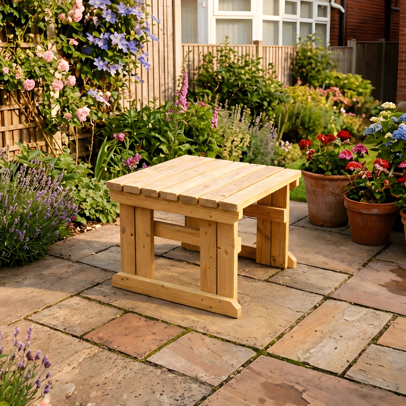 Wooden table on a patio with garden flowers and plants in the background