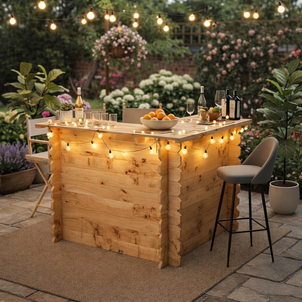 Wooden outdoor bar with string lights, drinks, and snacks in a garden setting.
