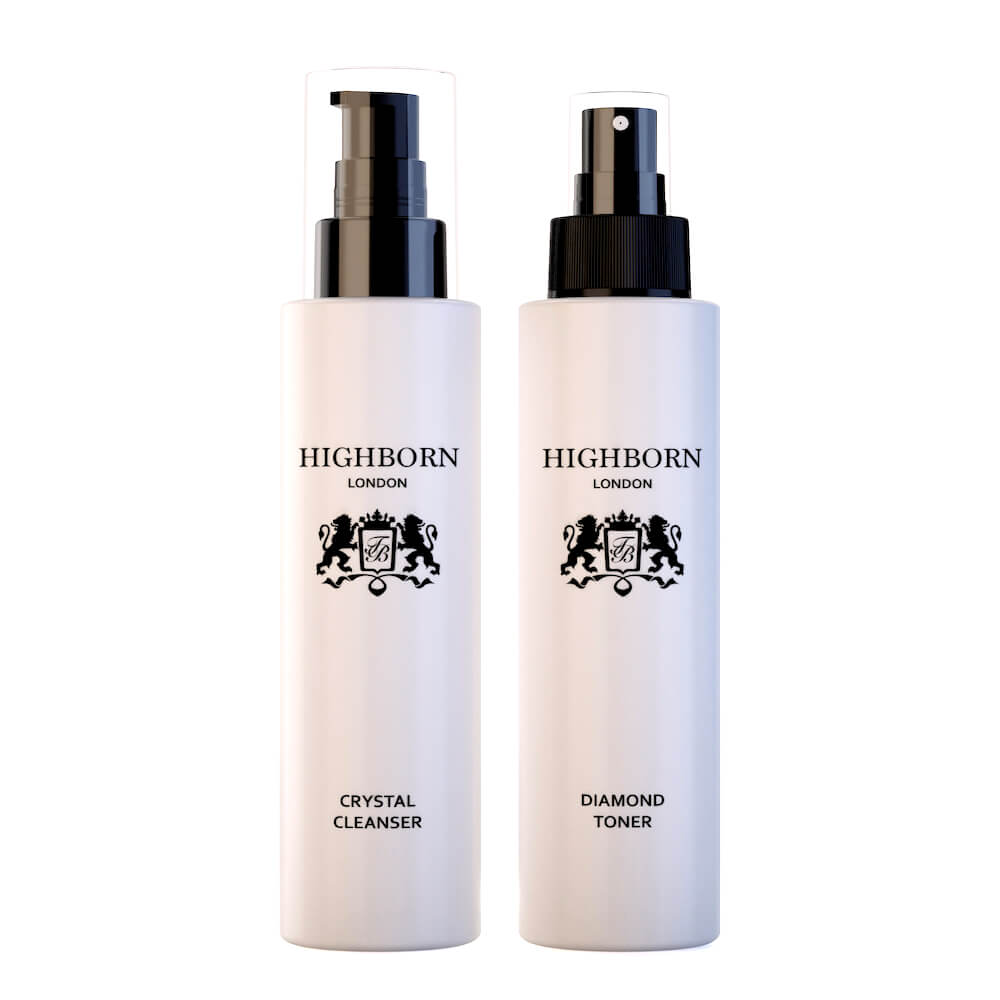 Two Highborn London skincare bottles, Crystal Cleanser and Diamond Toner, on a white background.