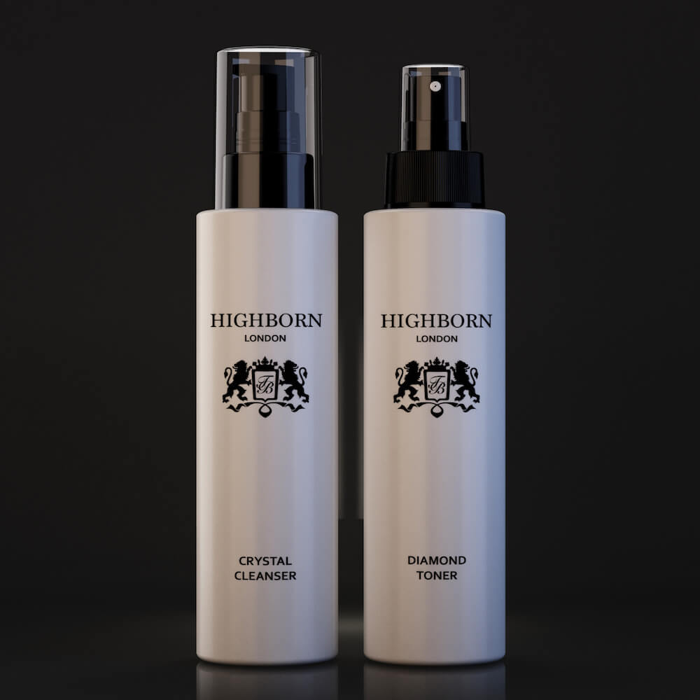 Two Highborn London skincare bottles on a black background